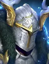 Close-up of a silver fantasy knight helmet with gold trim and engraved details.