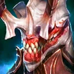 Close-up of a menacing fantasy skull helmet with jagged teeth, horns, and a red-glowing mouth, set in dark armor.
