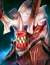 Close-up of a menacing fantasy skull helmet with jagged teeth, horns, and a red-glowing mouth, set in dark armor.