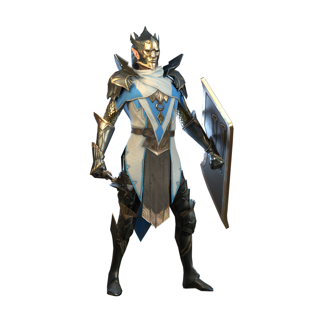 Elf-like fantasy knight in blue-silver armor with a crown-like helm, holding a shield on the left side.