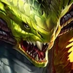 Close-up of a snarling green dragon head with sharp teeth and spiky scales.