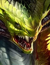 Close-up of a snarling green dragon head with sharp teeth and spiky scales.