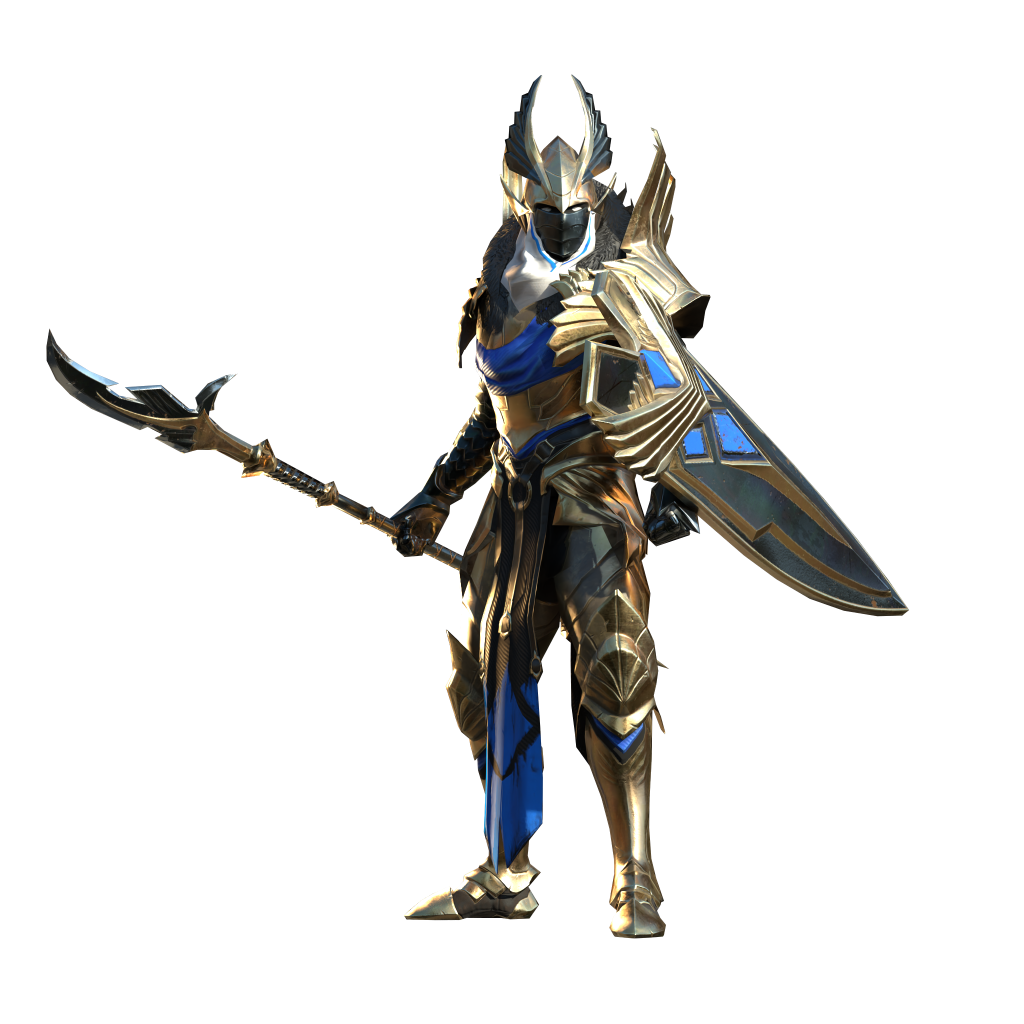 Golden armored knight with blue accents, wearing a helmet and holding a curved sword against a black background.