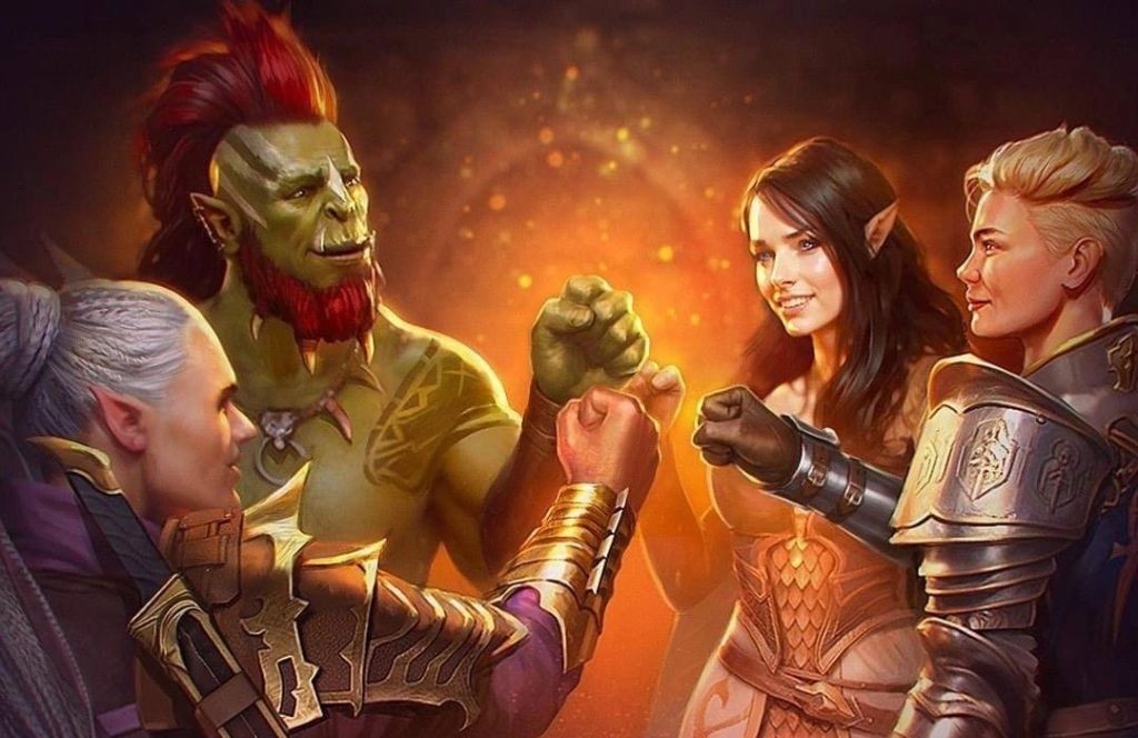 A diverse group of fantasy warriors in armor fist-bump each other against a warm, fiery background.