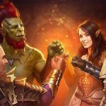 Group of fantasy heroes fist-bumping in a warm, fiery light, celebrating together.