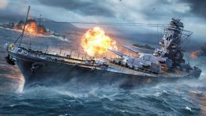 Warship fires its main guns as fiery explosions erupt on the churning sea around it during a naval battle on a stormy day, with another ship in the distance.