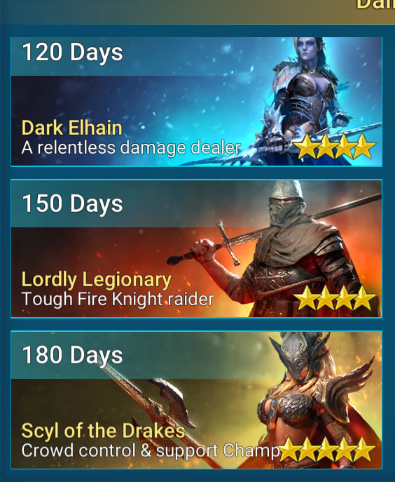 image - moduletd.com Three hero banners with days and roles: 120 Days Dark Elhain (relentless damage dealer), 150 Days Lordly Legionary (tough Fire Knight raider), and 180 Days Scyl of the Drakes (crowd control and support champion), each with star ratings.
