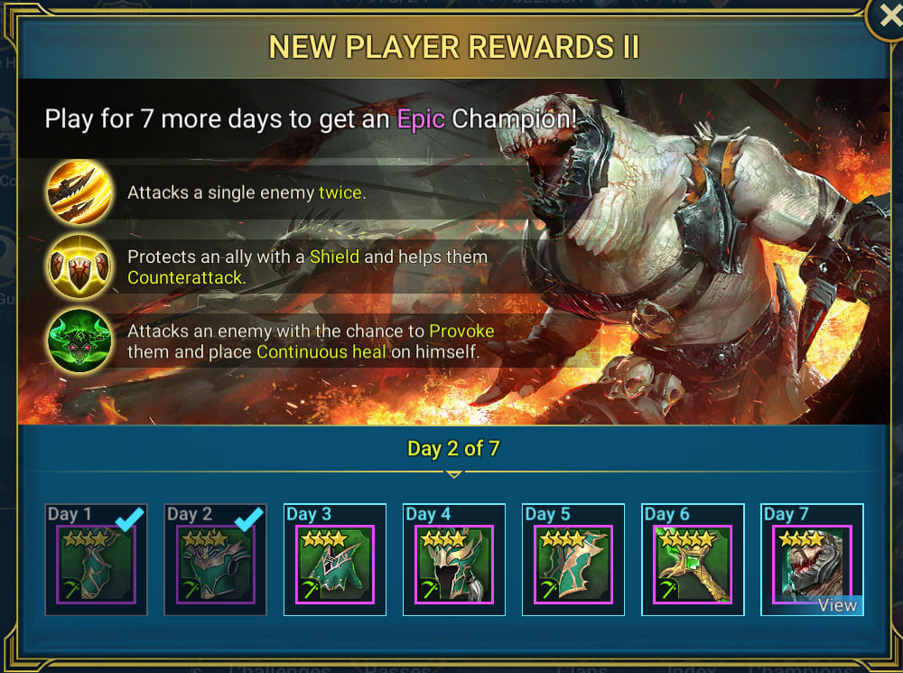 image - moduletd.com New Player Rewards II banner with three tips: Attacks a single enemy twice; Protects an ally with a Shield and helps them Counterattack; Attacks an enemy with a chance to Provoke them and place Continuous heal on himself, set against a fiery monster background.