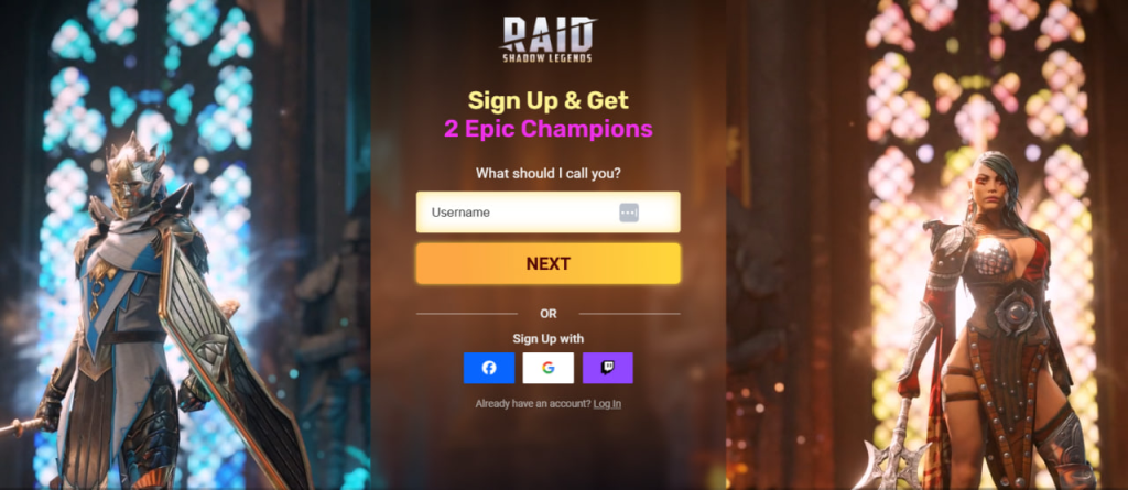 image - moduletd.com Raid: Shadow Legends signup screen with two armored champions flanking a central sign-up card saying 'Sign Up & Get 2 Epic Champions'. Username field and NEXT button visible.