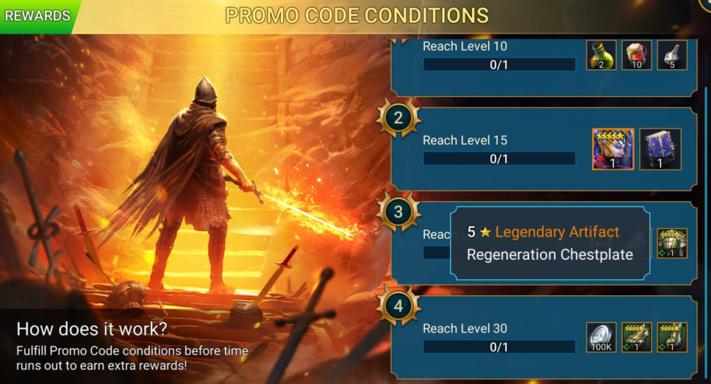 image - moduletd.com Promo code conditions screen with a fantasy battle scene and a progress list for reaching levels 10, 15, 30, including rewards such as artifacts and chests.