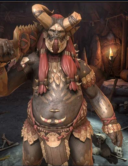 Horned armored orc-like warrior with red braids stands in a dark dungeon.