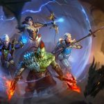A group of armored fantasy heroes inside a glowing magical bubble, ready for battle with glowing weapons and staffs.