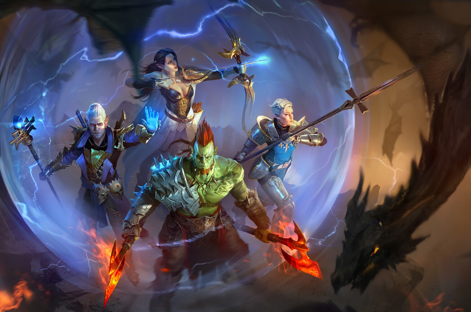 A group of armored fantasy heroes inside a glowing magical bubble, ready for battle with glowing weapons and staffs.