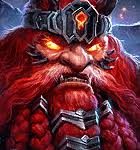Orcish warrior with a bright red beard, horned helmet, and glowing gem on the helmet in a dark, snowy background.
