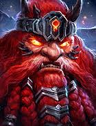 Orcish warrior with a bright red beard, horned helmet, and glowing gem on the helmet in a dark, snowy background.