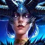 Portrait of a fantasy woman with curved horns and a glowing blue crown against a blue icy background.