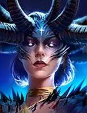 Portrait of a fantasy woman with curved horns and a glowing blue crown against a blue icy background.