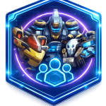 Insignia hexagonal en la que aparece un grupo de héroes con armadura que brillan en tonos azul neón y morado, y que representa a un equipo o plantilla de un juego de ciencia ficción.