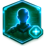 Neon blue holographic health badge with a faceless silhouette inside a shield and a glowing medical cross.