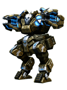 Large gold and steel battle mech with blue neon accents, raised fists ready for combat, skull emblem on chest