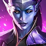 Close-up of a blue-skinned elven warrior wearing a silver helmet and purple armor, with a glowing purple background.