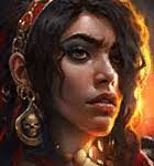 Close-up of a woman with dark hair, gold jewelry, and a red garment, looking determined, with a fiery background.