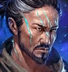Portrait of a rugged male warrior with glowing blue circuit lines on his face against a blue starry background.