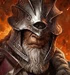 Close-up of a fantasy knight in a spiked helmet with a gray beard, fiery background.
