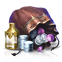 Open treasure sack spilling coins and purple gems with a bottle nearby