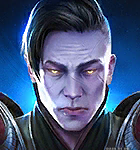 Intense close-up of a dark-haired male video game character with pale skin, glowing yellow eyes, and a blue-lit background, conveying menace.