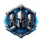 Blue glowing shield emblem with three silver knight helmets and ornate corners, radiating blue energy on dark background.