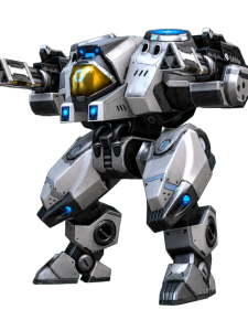 Futuristic gray battle mech with blue lights and a yellow cockpit, standing ready for action.