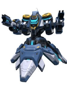 Blue-gray futuristic battle mech with glowing cyan highlights, arms raised and weapons extended forward.