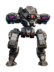 Brown camo combat mech standing with arms raised, glowing red lights on chest and purple accents in the arms.