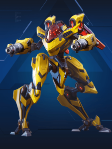 Yellow combat mech stands in a dynamic pose against a blue sci-fi background, ready for action.