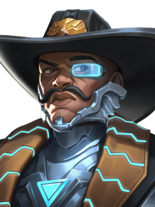 Futuristic cowboy character with a wide hat, glowing blue visor, and lit armor panels.
