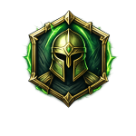 Green-glowed knight helmet badge framed in a gold geometric border, a fantasy game emblem.