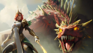 Armored female warrior with red hair wielding a glowing weapon beside a snarling dragon in a misty, sunlit battlefield.