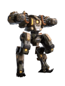 A futuristic bipedal combat robot with glowing yellow lights and heavy armor, posed mid-stride against a black background.