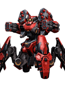 Red armored battle mech with twin shoulder cannons and weaponized forearms, facing forward.