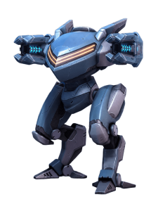 Futuristic blue combat mech with glowing orange visor in a ready stance, foregrounded in a dark background.