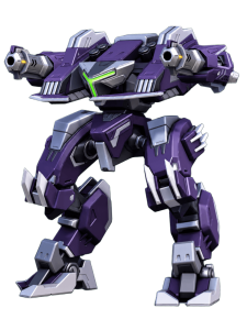 Purple futuristic battle mech with green visor, standing in an action pose with twin shoulder cannons ready to fire