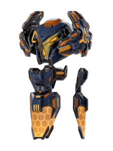 Blue and orange futuristic battle mech with glowing orange highlights and honeycomb panels under bright lighting, viewed from the front.