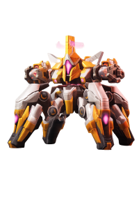 Orange and white quadruped battle mech with pink energy cores and glowing chest, standing against a warm gradient background.