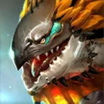 Close-up of a snarling fantasy dragon head with an orange-black spiky mane, teal eye, and sharp teeth.