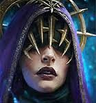 Close-up of a fantasy character wearing a purple hood and a spiked metallic mask, with dark makeup and a blue glowing background.
