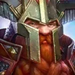 Close-up of a bearded dwarf warrior wearing an ornate green-metal helmet, with a red beard showing beneath.