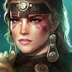 Fantasy female warrior portrait with headband, scar, fur cloak, and ornate jewelry.