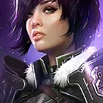Close-up portrait of a female video game character with short black hair and green eyes, wearing futuristic armor with fur trim against a purple background