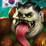 Fierce ogre with glowing yellow-green eyes, sharp fangs, and a long pink tongue, surrounded by carved pumpkins with a South Korean flag in the background